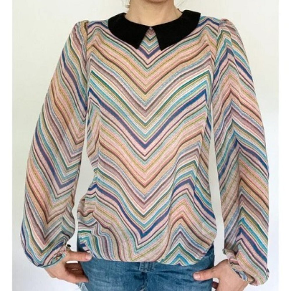 Allen B. Chevron Sheer Chevron Long Sleeve Collared Chiffon Blouse Sz XL